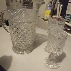 Vintage Indian Glass pitcher and 4 tall and 4 smal